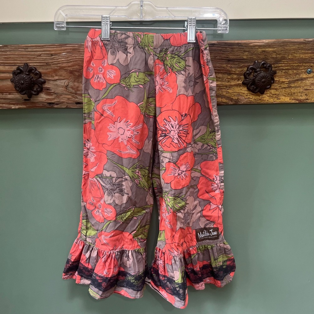 Matilda Jane Girls Floral Ruffle Pants Coral Brown Lace Trim Size 6 You & Me